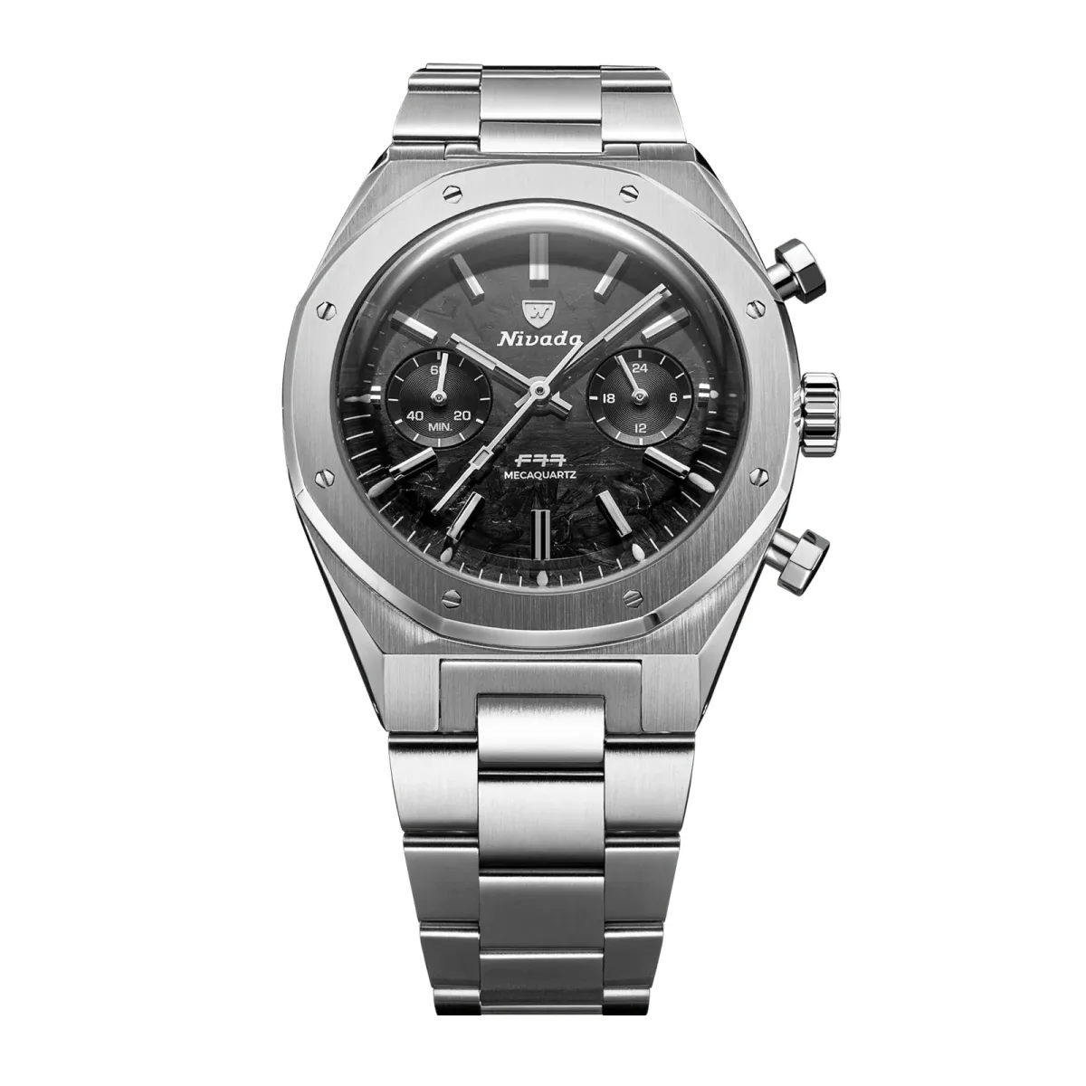 Nivada Grenchen F77 Chrono Mecaquartz MK 38mm Mens Watch Black
