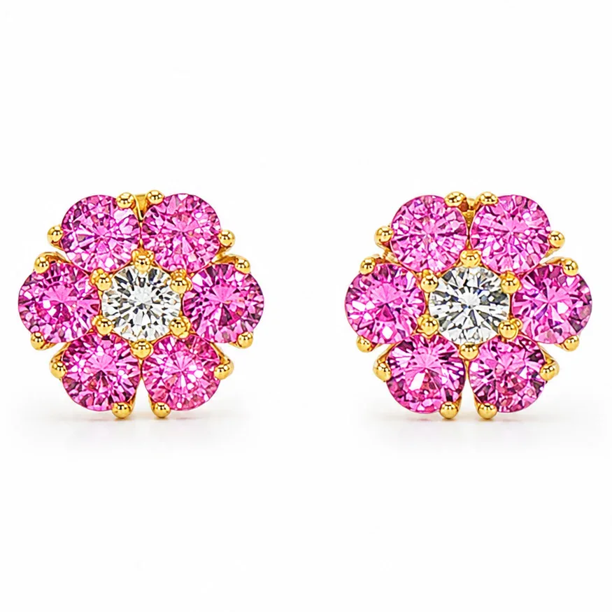 PIA - For Him GEMSTONES Pink Sapphire Diamond Flower Earrings 66856 in Yellow Gold – Earrings