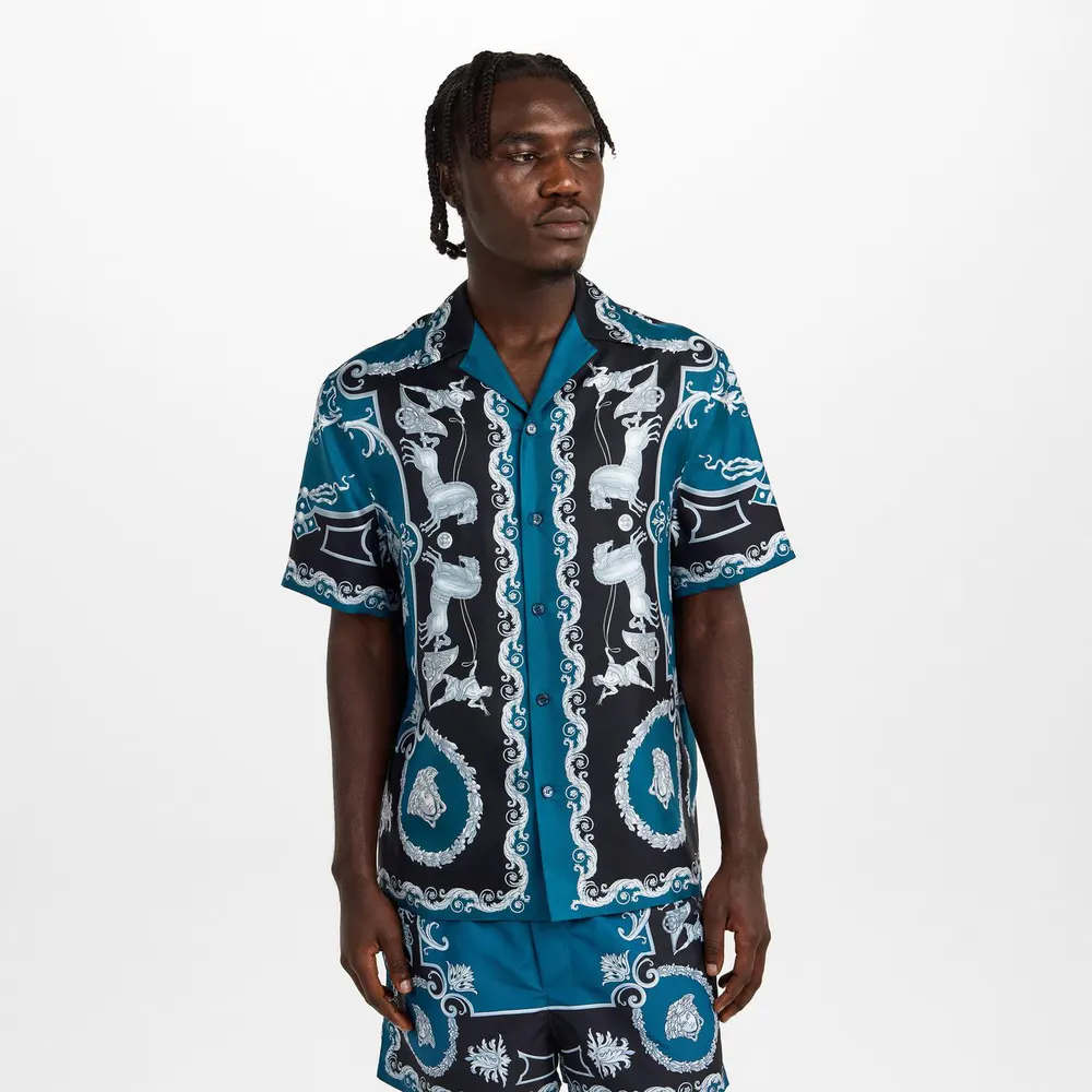 Versace Men's Silk Short Sleeve Patterned Shirt detail 3