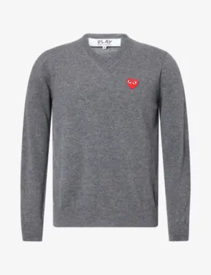 COMME DES GARCONS PLAY Heart Motif-Logo V-Neck Wool Jumper - GREY