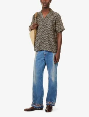 KARTIK RESEARCH Printed Camp Silk Shirt in BLACK/ GOLD, additional product view 2