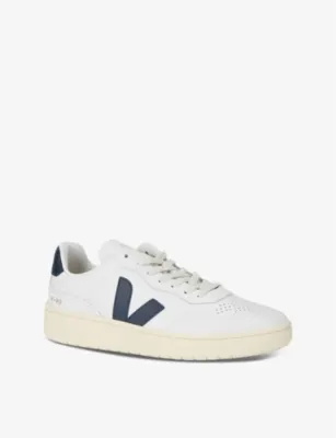 VEJA Men's V90 logo-embroidered low-top leather trainers - 5 in White/Navy, additional product view 3