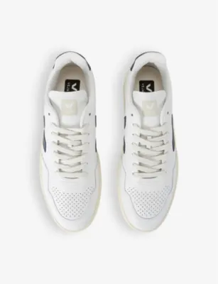 VEJA Men's V90 logo-embroidered low-top leather trainers - EUR 42 / 8 UK MEN in White/Navy, additional product view 2