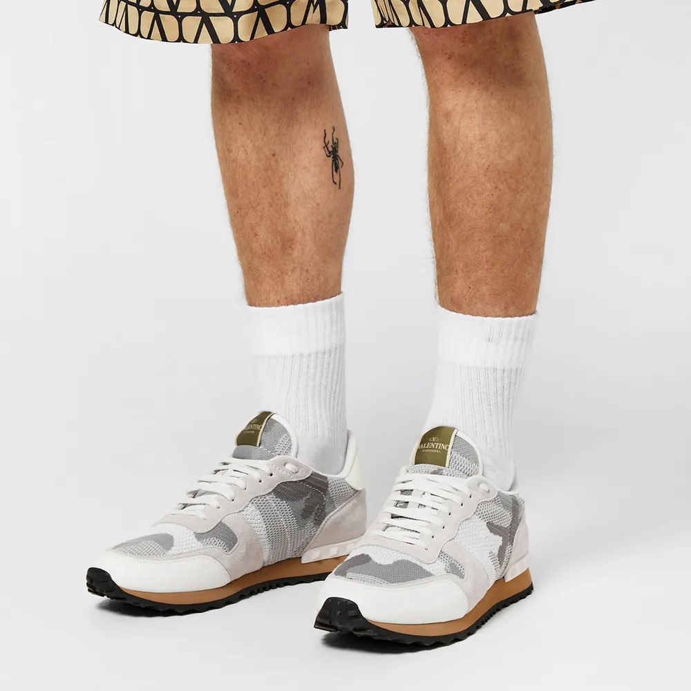 Valentino Garavani Mesh Camouflage Rockrunner Sneakers in White, additional product view 3