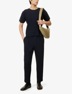 HOMME PLISSE ISSEY MIYAKE Round-Neck Pleated Knitted T-Shirt in NAVY, additional product view 2