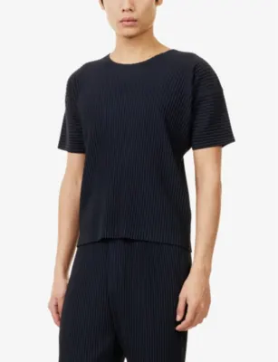 HOMME PLISSE ISSEY MIYAKE Round-Neck Pleated Knitted T-Shirt in NAVY, additional product view 3