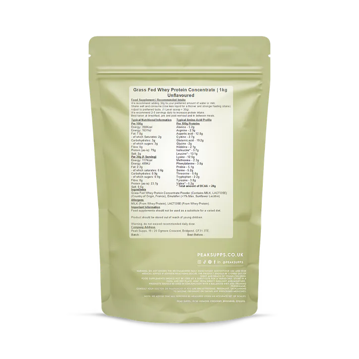 Peak Supps Grass Fed Whey Protein Concentrate 80% 1kg Unflavoured 1 Kg detail 2