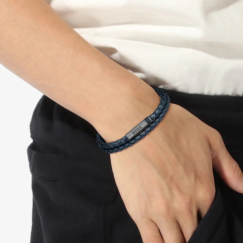 BOSS Mens Ares Navy Leather Bracelet detail 2