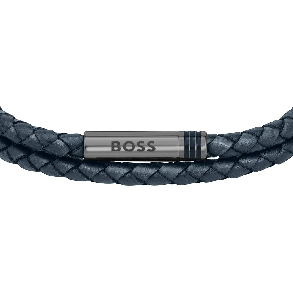 BOSS Mens Ares Navy Leather Bracelet detail 3