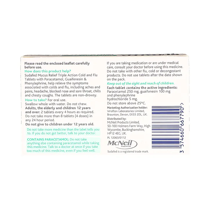 Sudafed Mucus Relief Triple Action Cold & Flu 16 Tablets detail 2