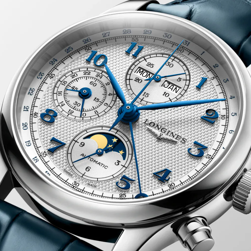 Longines Master Collection Chrono Moonphase 41mm Mens Watch Silver Dial detail 2