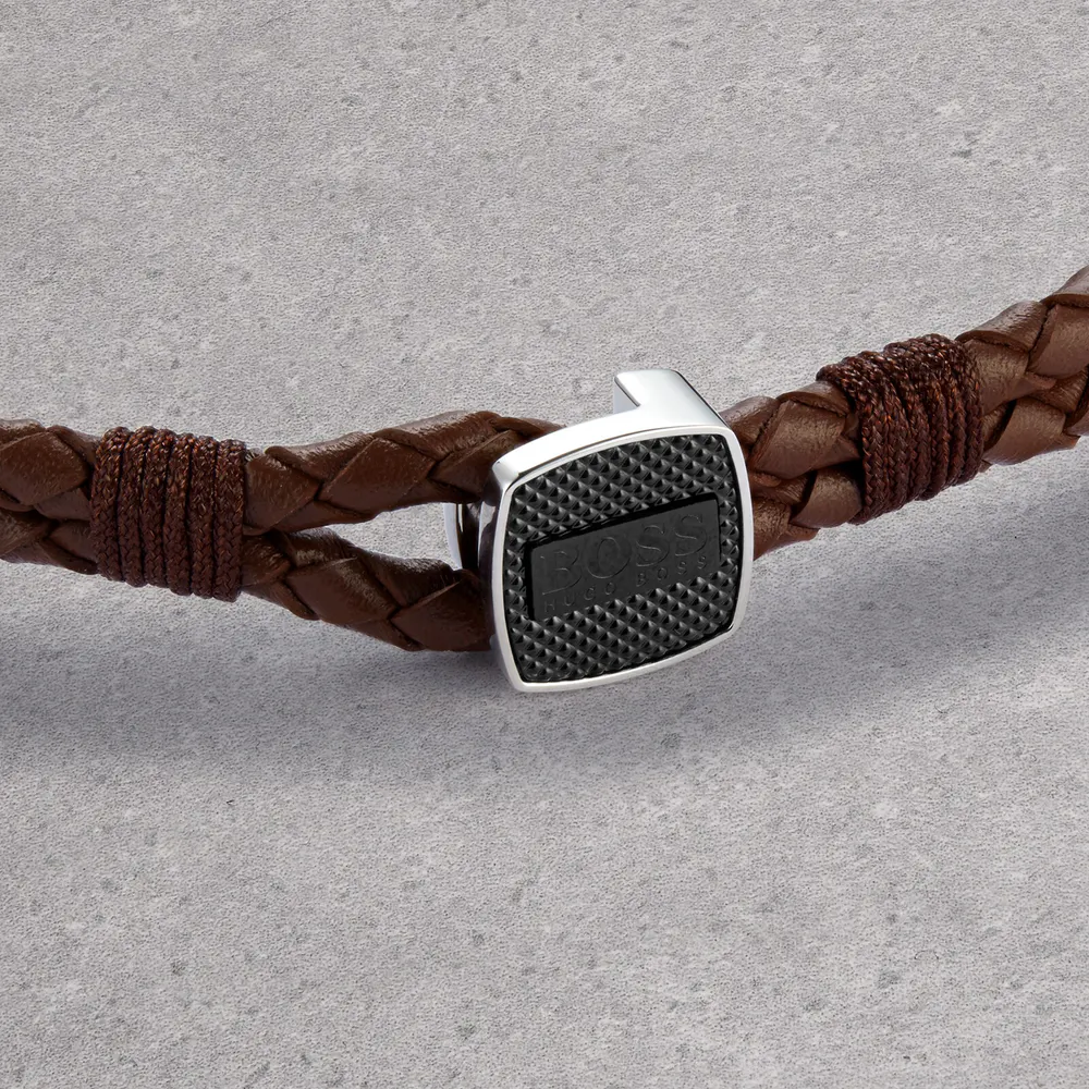 BOSS Gents BOSS Seal Brown Leather Braided Bracelet detail 3