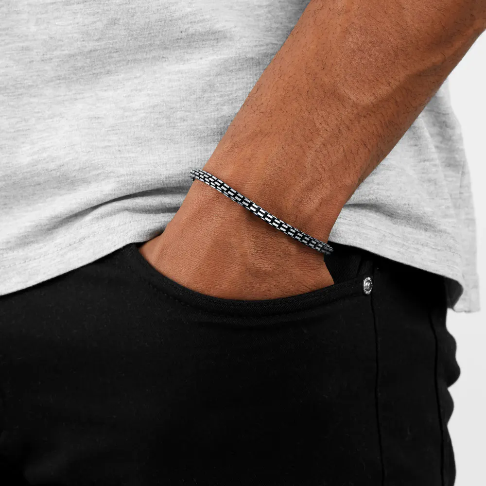 For Him Sterling Silver Mens 8 Inch Oxidised Box Bracelet detail 2