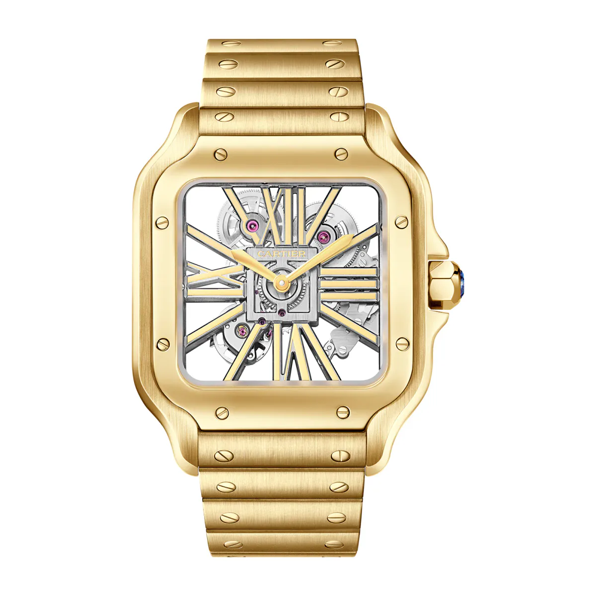 Cartier Santos De Cartier Skeleton Watch, Large Model, Skeleton Mechanical Movement With Manual Winding 9612 MC, Yellow Gold