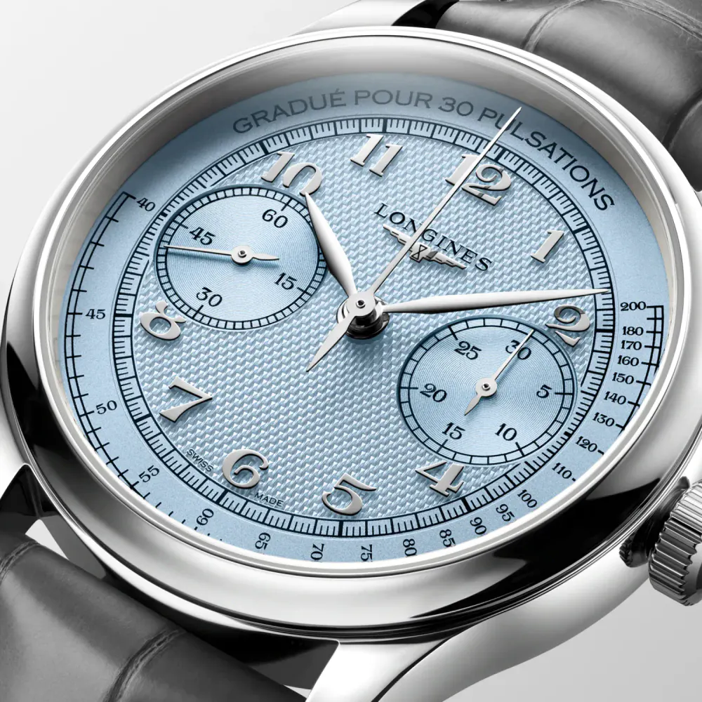 Longines Master Collection Chrono Monopusher 41mm Mens Watch Frosted Blue Dial detail 2