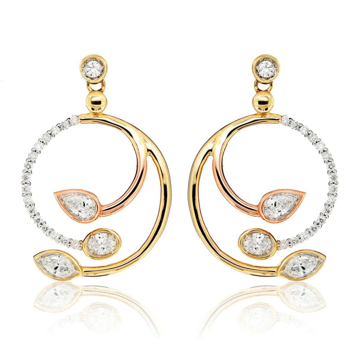 For Him Tri Tone Mixed Shape Diamond Spiral Dangle Earrings in Tri-Tone Gold / Lab Grown Diamond – Earring