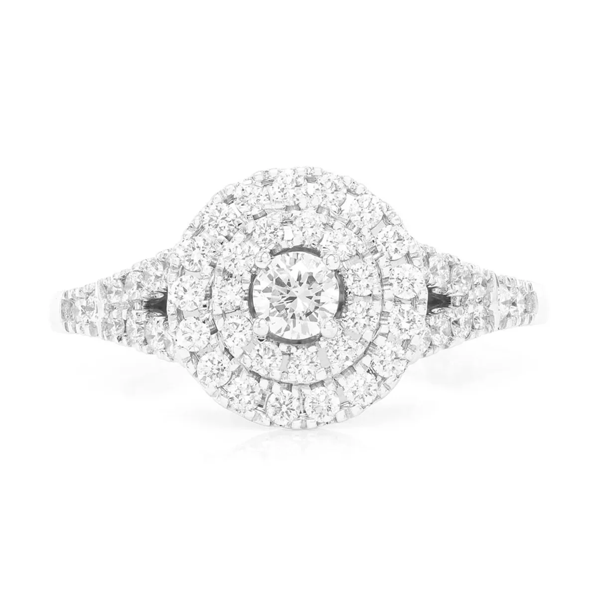 For Him Round Double Halo Tapered Split Shank Engagement Ring