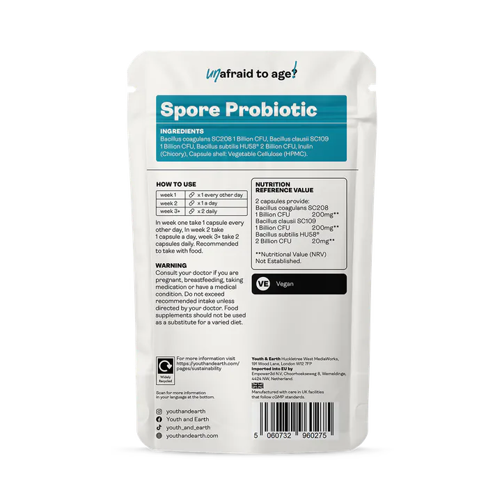 Youth and Earth Spore Probiotic (Bacillus Subtilis HU58®, Coagulans SC208 & Clausii UBBC-07) 4 billion CFU count - 60 Capsules detail 2