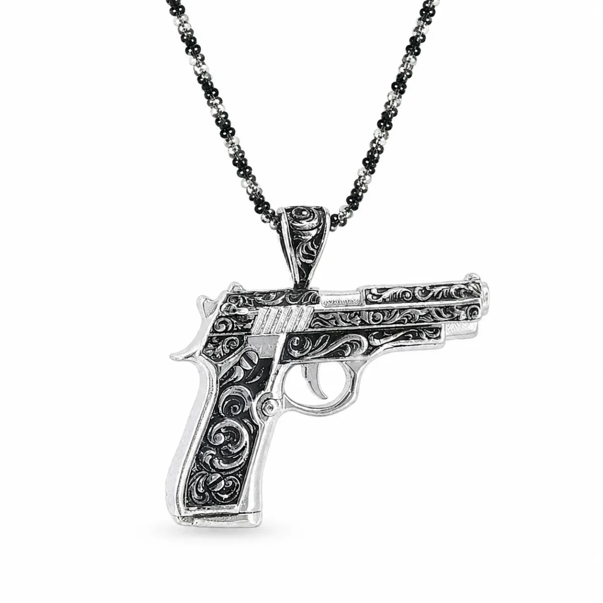 MARYAM - For Him SILVER .925 Silver Floral Pistol Pendant & Oreo Rope chain Set 71340 in 22 Inches / Black version – Pendant Set