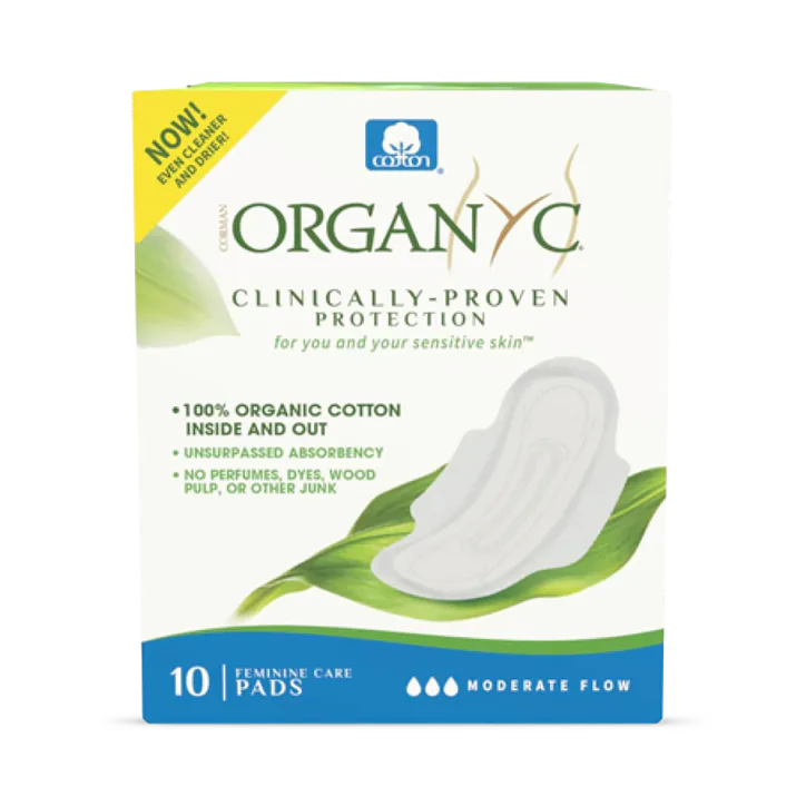 Organyc - 100% Certified Organic Cotton Inside and Out Feminine Pads, Sanitary Napkin 40 Count, Moderate Flow, Regular Absorbency, New Larger Size Packaging