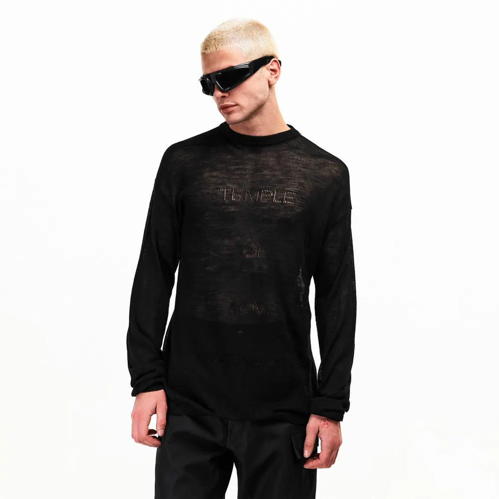 Rick Owens Men's Temple Sheer Sweat Crew Neck Jumper in Black, additional product view 3