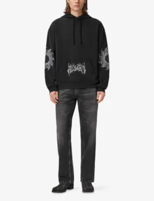 ALLSAINTS Helvette Graphic-Print Cotton-Jersey Hoody in Washed Black, additional product view 2