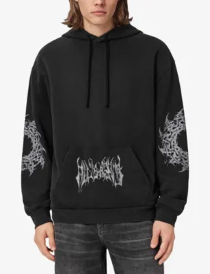 ALLSAINTS Helvette Graphic-Print Cotton-Jersey Hoody in Washed Black, additional product view 3
