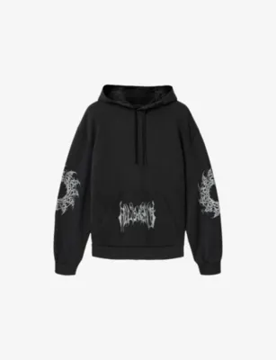 ALLSAINTS Helvette Graphic-Print Cotton-Jersey Hoody in Washed Black – Mens | Tops & t-shirts | Hoodies