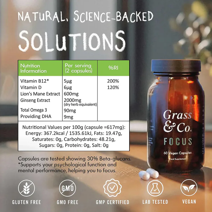 Grass & Co. FOCUS Lion's Mane Mushrooms with Ginseng + Omega-3 60 Vegan Capsules detail 2