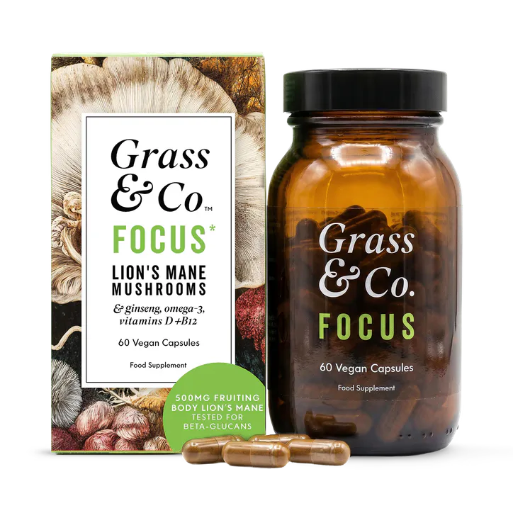 Grass & Co. FOCUS Lion's Mane Mushrooms with Ginseng + Omega-3 60 Vegan Capsules