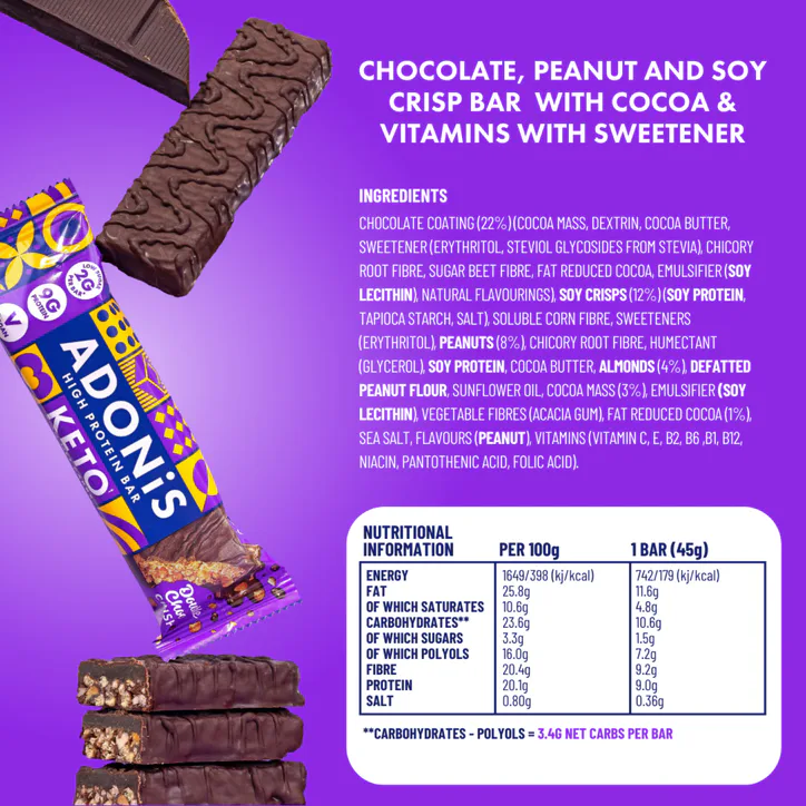 Adonis Double Choc Crisp Keto Hight Protein Bar (16x45g) detail 2