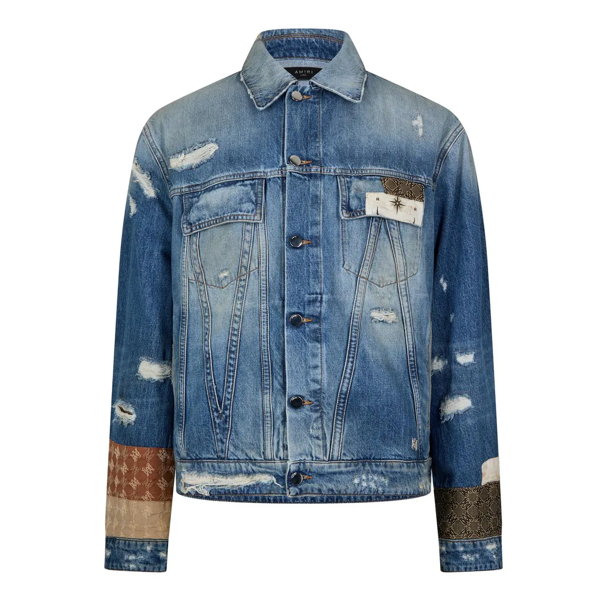 Amiri Men's Airpatch Trucker Distressed Long Sleeve Denim Jacket
