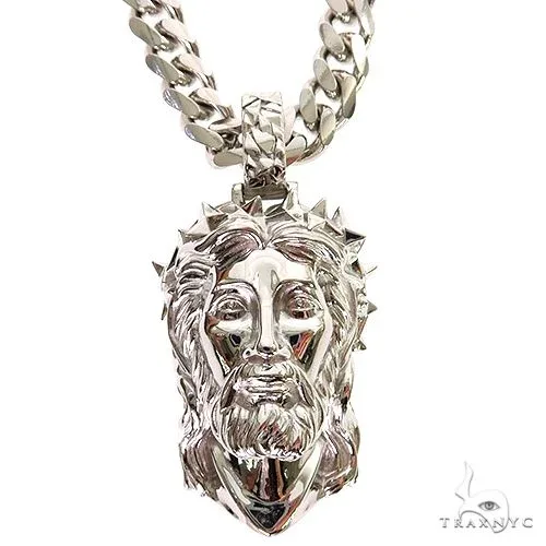 MARYAM - For Him SILVER .925 Silver Spikes Crown Jesus Head Pendant [Cuban Set] 69128 in 18 Inches – Pendant Set