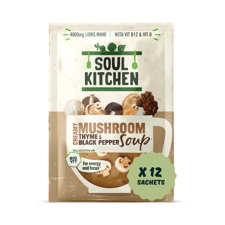 Soul Kitchen Mushroom, Black Pepper & Thyme Soup with 4000mg Lions Mane Mushroom, Vitamin B & D12 - 12 soups