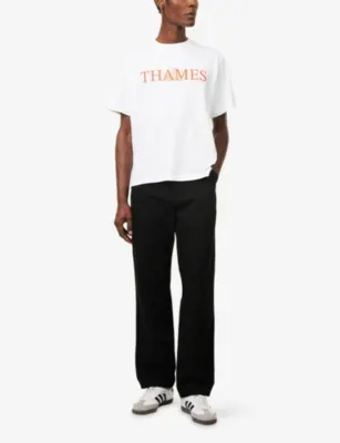THAMES Logo-Print Embroidered Cotton T-Shirt in WHITE, additional product view 2