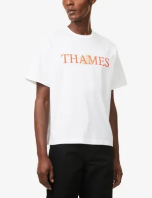 THAMES Logo-Print Embroidered Cotton T-Shirt in WHITE, additional product view 3
