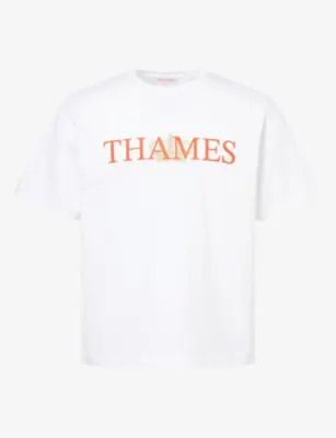 THAMES Logo-Print Embroidered Cotton T-Shirt in WHITE – Mens | Tops & t-shirts | T-Shirts | Printed T-Shirts
