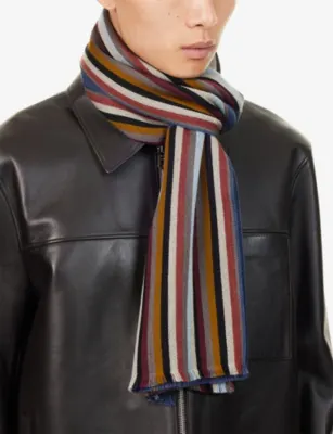 PAUL SMITH Striped Branded Wool Scarf detail 2