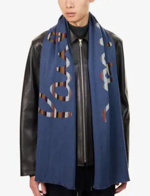 PAUL SMITH Striped Branded Wool Scarf detail 3