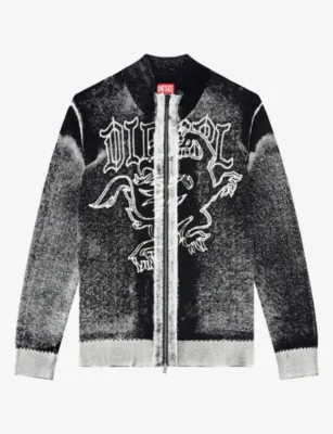 DIESEL Griffin Motif Zip-Up Cotton Cardigan