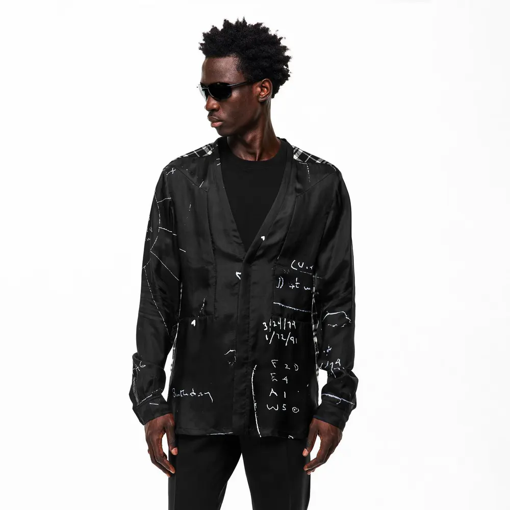 Rick Owens Men's Larry Patterned Long Sleeve Shirt in Black, additional product view 3