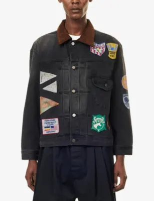 FOUND Patchwork Corduroy-Collar Denim Jacket in BLACK, additional product view 3