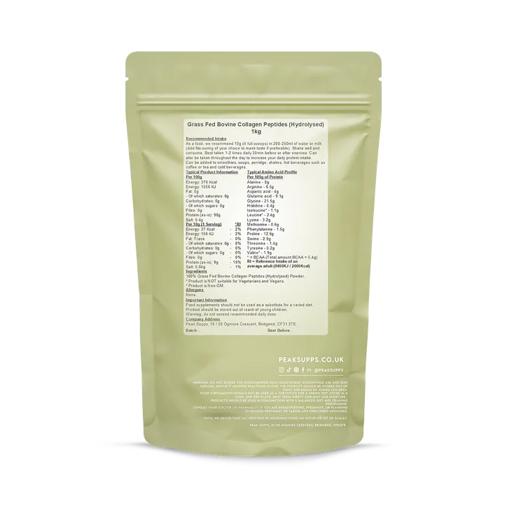 Peak Supps Grass Fed Collagen Protein Powder Hydrolysed (Bovine Type 1) 1kg detail 2