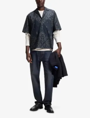 HUGO Branded-Print Short-Sleeved Cotton-Poplin Shirt detail 2