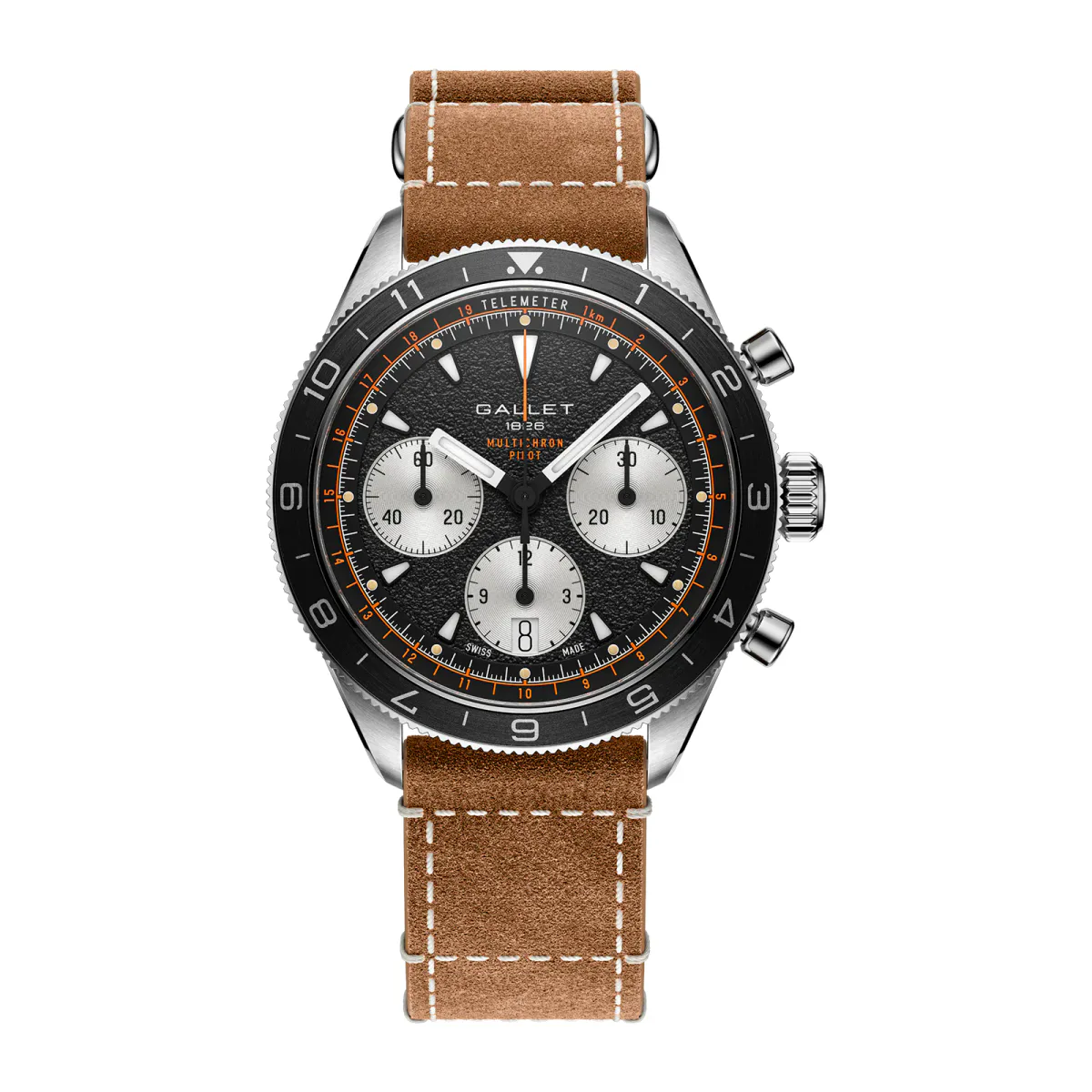 Gallet Multichron Pilot Chronograph Automatic 42mm Unisex Watch Black Dial Leather