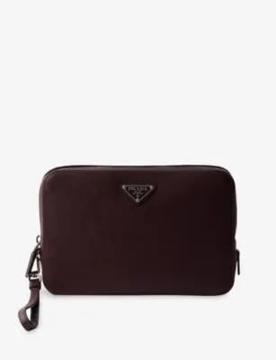 PRADA Logo-Plaque Saffiano-Leather Clutch - BURGUNDY detail 2