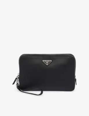 PRADA Logo-Plaque Saffiano-Leather Clutch - BURGUNDY