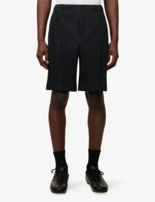 HOMME PLISSE ISSEY MIYAKE Drawstring-Waist Pleated Knitted Shorts in 19-inky Gray, additional product view 3