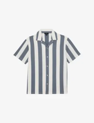 REISS Dexter Cuban-Collar Block-Stripe Stretch-Woven Shirt - AIRFORCE BLUE OFF WHITE