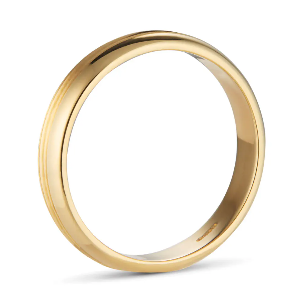 For Him 4mm D Shape Standard Grooved Polished Finish Wedding Ring In 18 Carat Yellow Gold detail 3